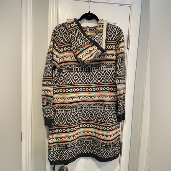 Monteau Size M Neon Stripe Black Cream Aztec Knit Open Front Hooded Cardigan - Picture 10 of 14